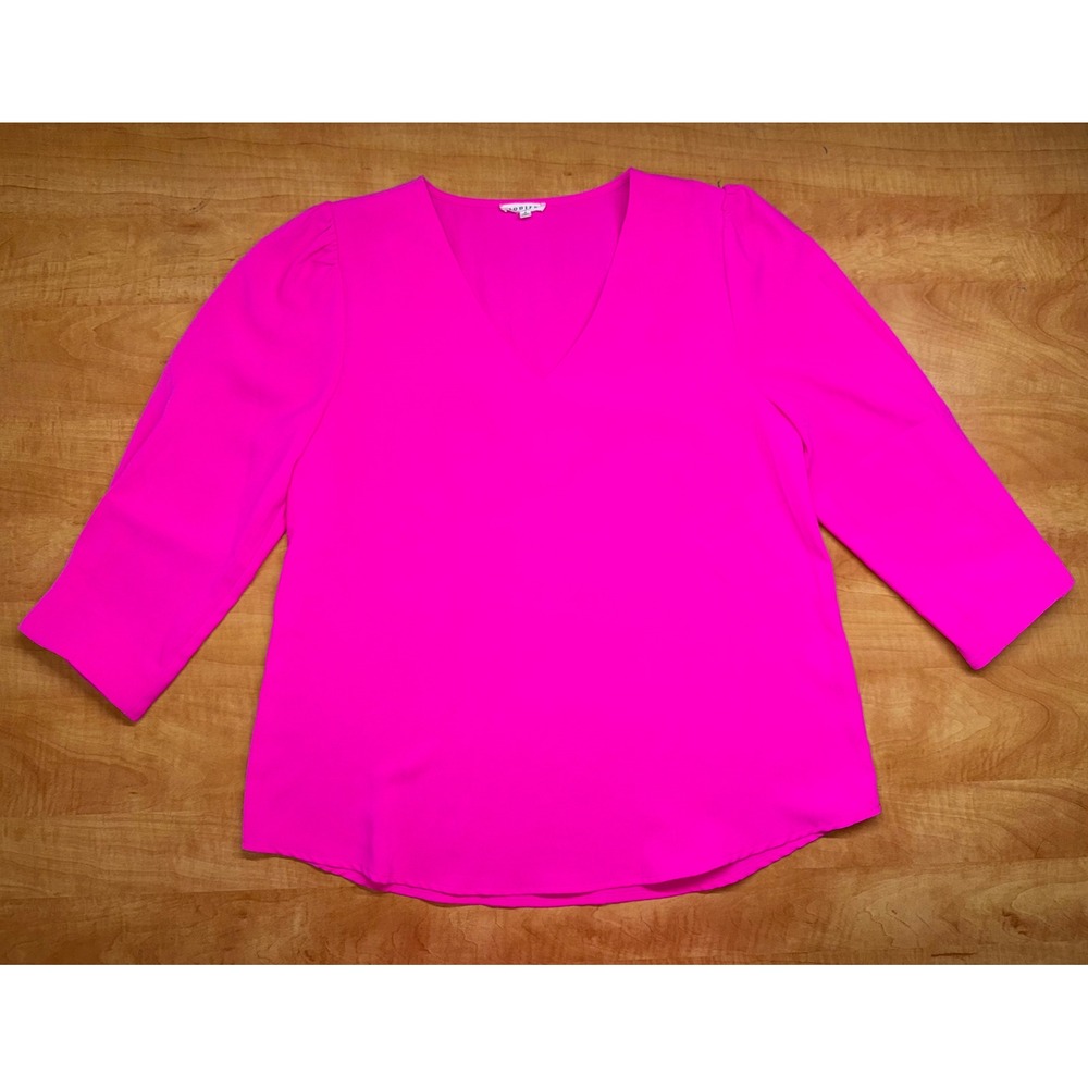 JODIFL Hot Pink V-Neck 3/4 Sleeve Blouse Neon Fuchsia Puff Shoulder Top
